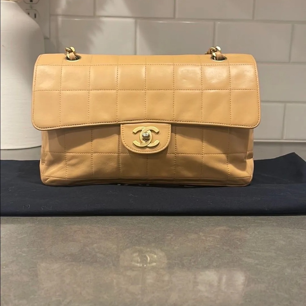 Chanel Beige Chocolate Bar Leather East-West Flap Bag